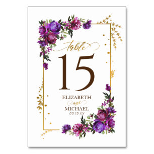 Purple Hot Pink Gold Watercolor Floral Wedding Table Number