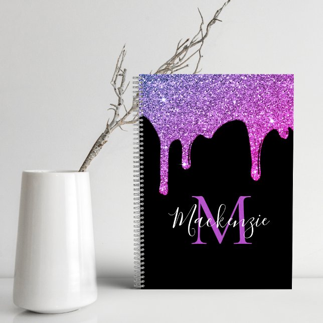 Purple Hot Pink Sparkle Glitter Drips Monogram Notebook (Creator Uploaded)