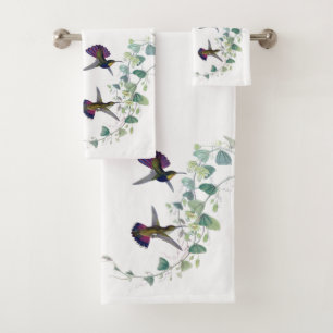 Purple Hummingbird Birds Flowers Bath Towel Set