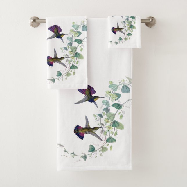 Purple Hummingbird Birds Flowers Bath Towel Set (Insitu)