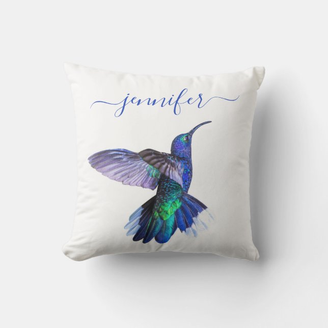 Purple Hummingbird in Flight Personalised Name Cushion (Front)