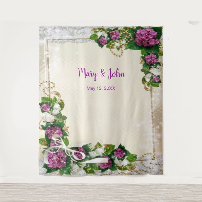Purple Hydrangea And Lace Wedding Backdrop Tapestry (Front)