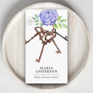 Purple Hydrangea Antique Keys Real Estate Agent Business Card