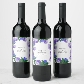Purple Hydrangea Floral Greenery Modern Wedding Wine Label
