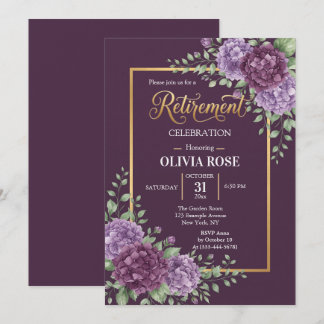 Purple Hydrangea Gold Frame Retirement Invitation