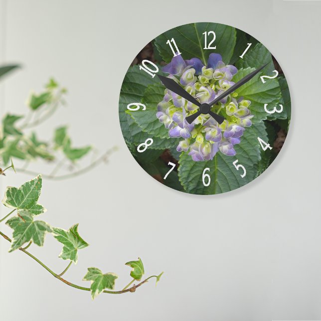 Purple Hydrangea Green Yellow Round Clock (Creator Uploaded)