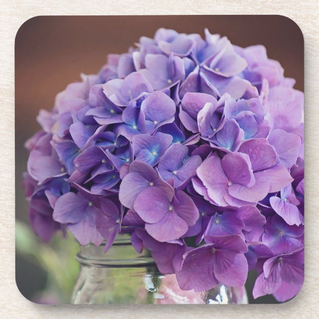 Purple Hydrangea in Mason Jar Nature Photograph Coaster (Front)