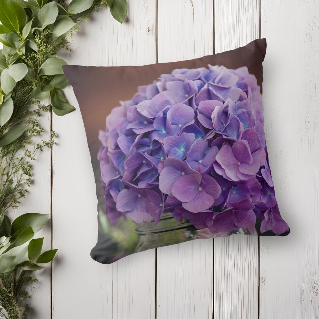 Purple Hydrangea in Mason Jar Photograph Cushion (Purple Hydrangea in Mason Jar Photograph Throw Pillow)