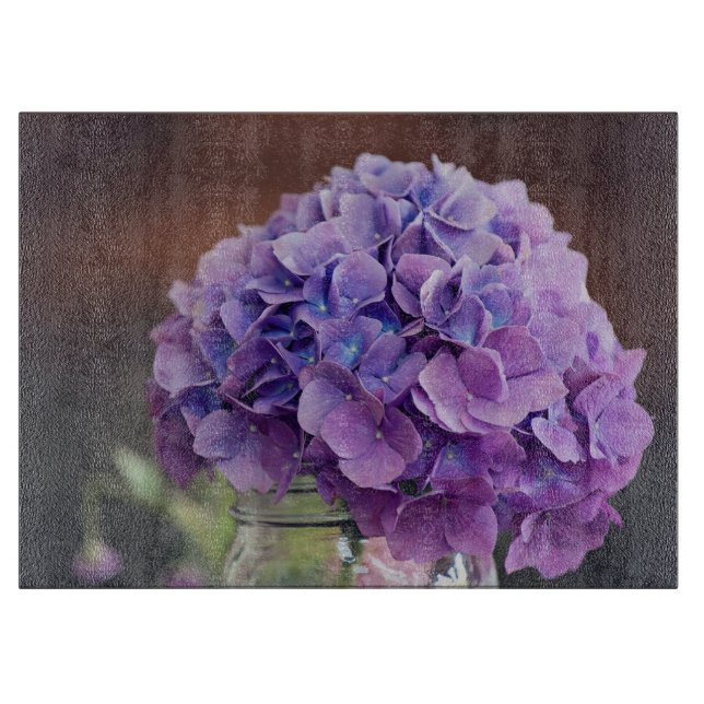 Purple Hydrangea in Mason Jar Photograph Cutting Board (Front)