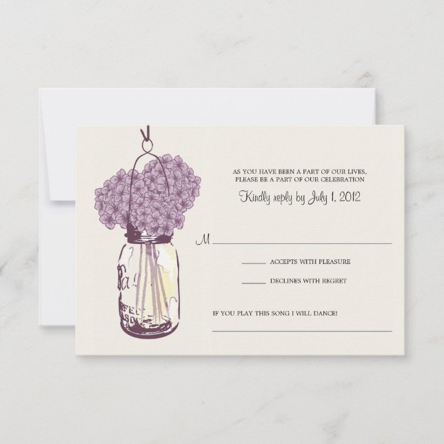 Purple Hydrangea & Mason Jar Wedding RSVP Card (Front)