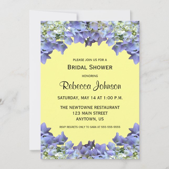 Purple Hydrangea on Yellow Bridal Shower Invitation (Front)
