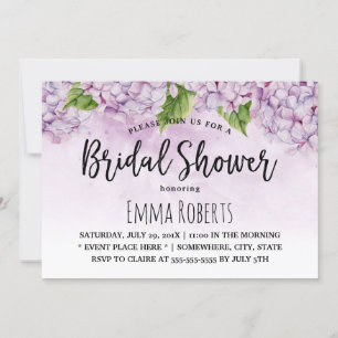 Purple Hydrangea Watercolor Floral Bridal Shower Invitation