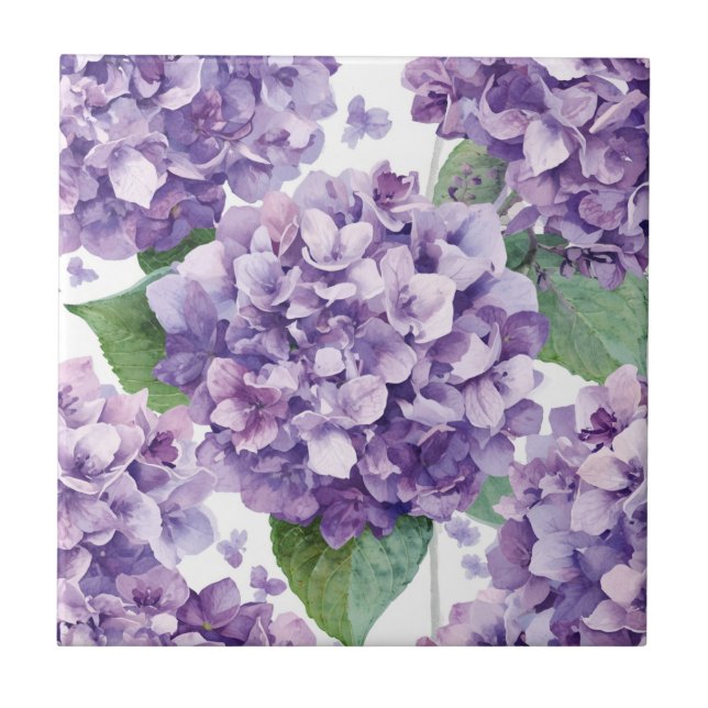 Purple Hydrangea Watercolor Floral Lavender Bloom  Ceramic Tile (Front)