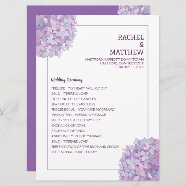 Purple Hydrangea Wedding Flat Program (Front/Back)