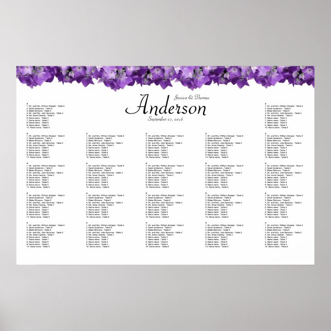 Purple Hydrangea Wedding Reception Seating Chart (Front)
