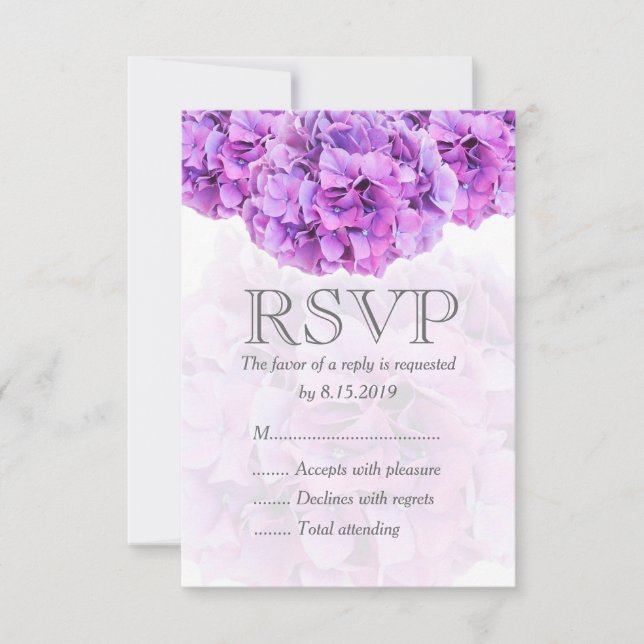 Purple hydrangea wedding RSVP card (Front)