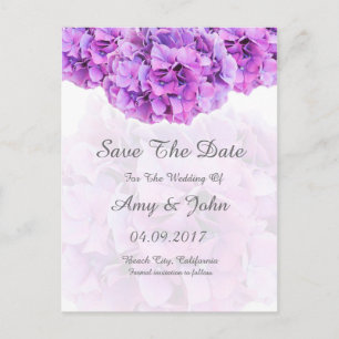 Purple hydrangea wedding save the date announcement postcard