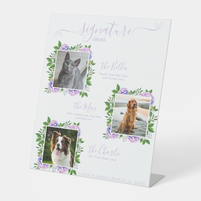 Purple Hydrangeas 3 Photo Pet Signature Drink Pedestal Sign (Front)