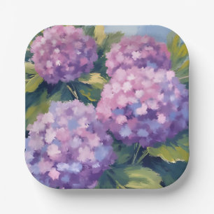 Purple Hydrangeas Floral Watercolor Painting Paper Plate