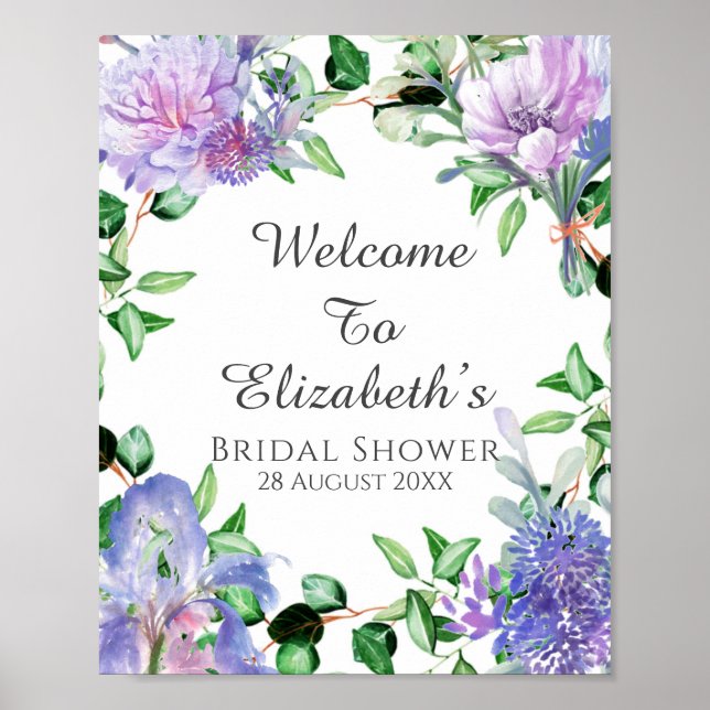 Purple Hydrangeas Iris Bridal Shower Welcome Sign (Front)