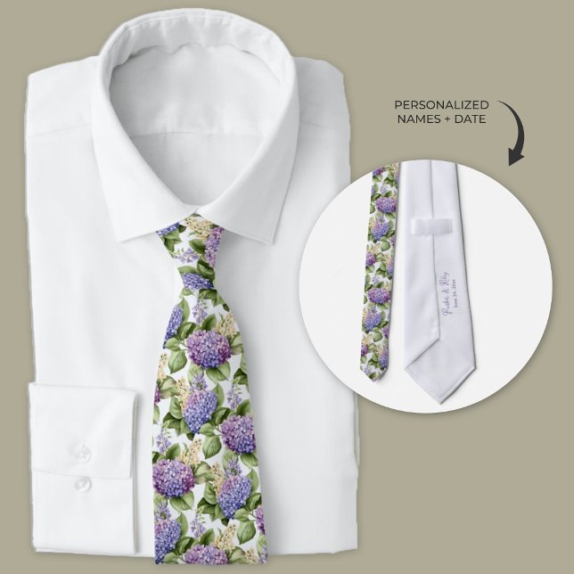Purple Hydrangeas Personalised Watercolor Tie (Purple Hydrangeas personalized wedding neckties)