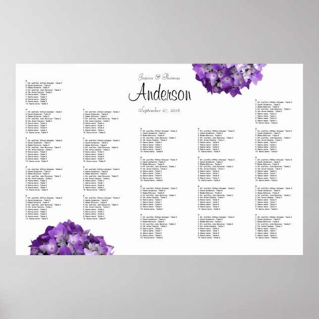 Purple Hydrangeas Seating Chart Poster (Front)