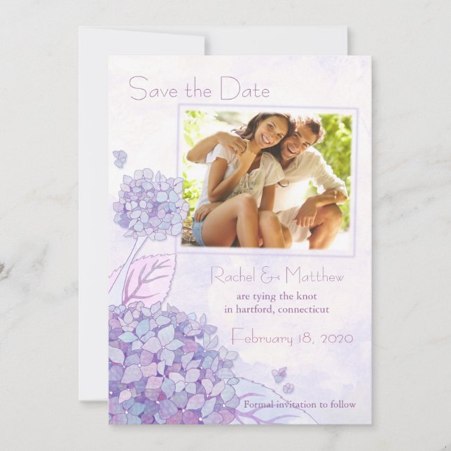 Purple Hydrangeas Wedding Photo Save the Date (Front)