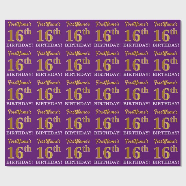 Purple, Imitation Gold Look "16th BIRTHDAY" Wrapping Paper (Flat)