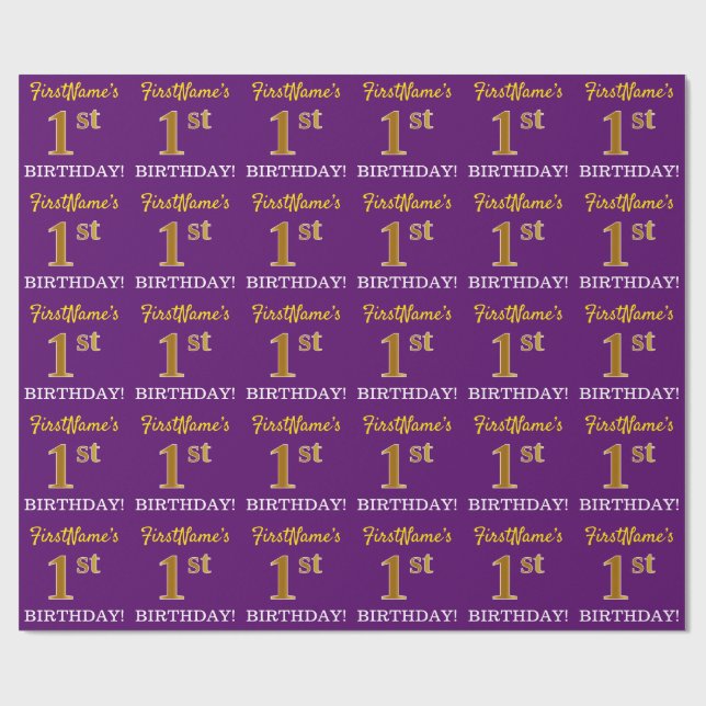 Purple, Imitation Gold Look "1st BIRTHDAY" Wrapping Paper (Flat)