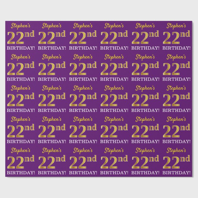 Purple, Imitation Gold Look "22nd BIRTHDAY" Wrapping Paper (Flat)