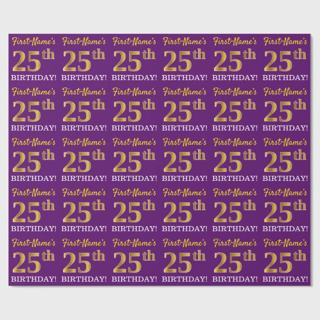 Purple, Imitation Gold Look "25th BIRTHDAY" Wrapping Paper (Flat)