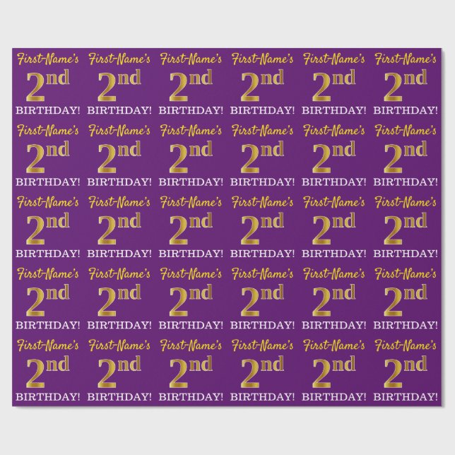 Purple, Imitation Gold Look "2nd BIRTHDAY" Wrapping Paper (Flat)