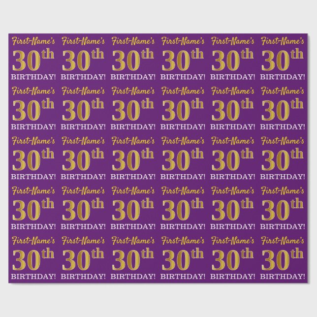 Purple, Imitation Gold Look "30th BIRTHDAY" Wrapping Paper (Flat)