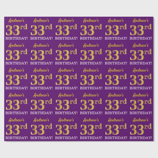 Purple, Imitation Gold Look "33rd BIRTHDAY" Wrapping Paper (Flat)