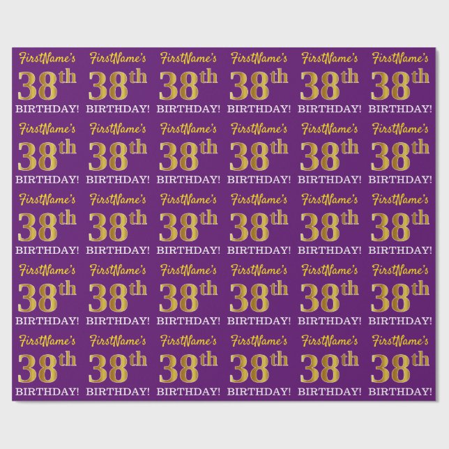 Purple, Imitation Gold Look "38th BIRTHDAY" Wrapping Paper (Flat)