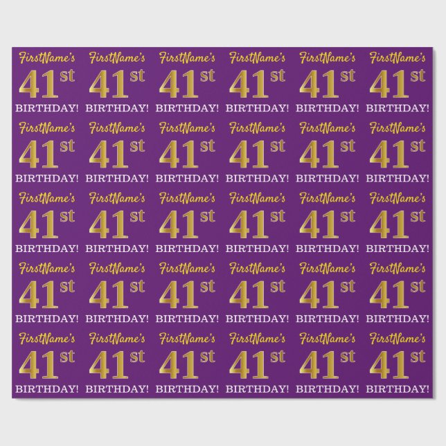 Purple, Imitation Gold Look "41st BIRTHDAY" Wrapping Paper (Flat)