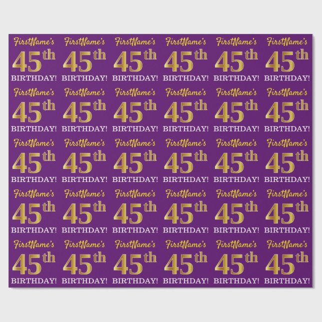 Purple, Imitation Gold Look "45th BIRTHDAY" Wrapping Paper (Flat)