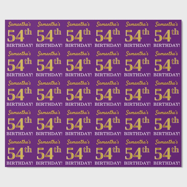 Purple, Imitation Gold Look "54th BIRTHDAY" Wrapping Paper (Flat)