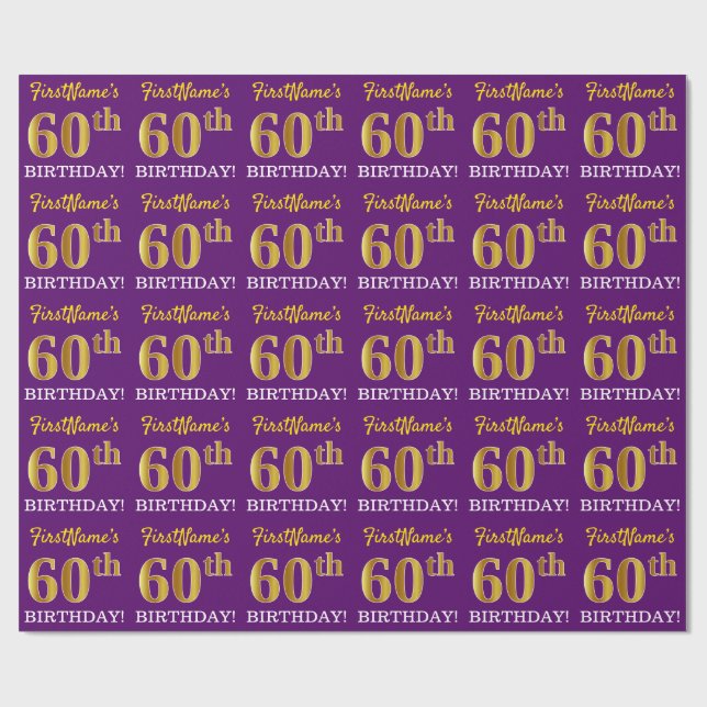 Purple, Imitation Gold Look "60th BIRTHDAY" Wrapping Paper (Flat)