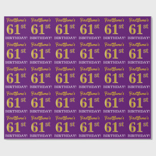 Purple, Imitation Gold Look "61st BIRTHDAY" Wrapping Paper