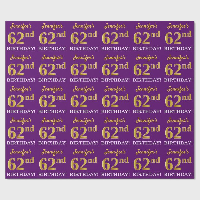 Purple, Imitation Gold Look "62nd BIRTHDAY" Wrapping Paper (Flat)