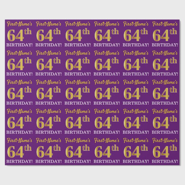 Purple, Imitation Gold Look "64th BIRTHDAY" Wrapping Paper (Flat)