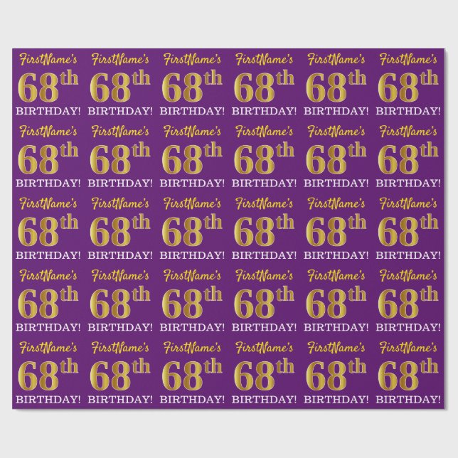 Purple, Imitation Gold Look "68th BIRTHDAY" Wrapping Paper (Flat)