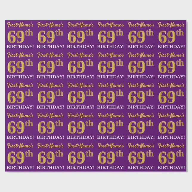 Purple, Imitation Gold Look "69th BIRTHDAY" Wrapping Paper (Flat)