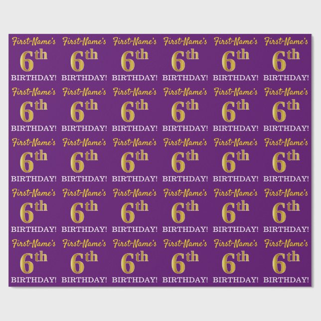 Purple, Imitation Gold Look "6th BIRTHDAY" Wrapping Paper (Flat)