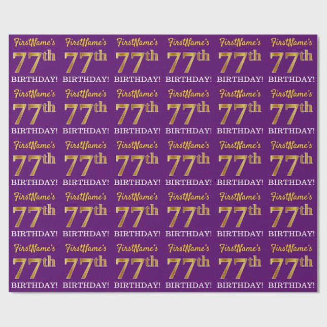 Purple, Imitation Gold Look "77th BIRTHDAY" Wrapping Paper (Flat)