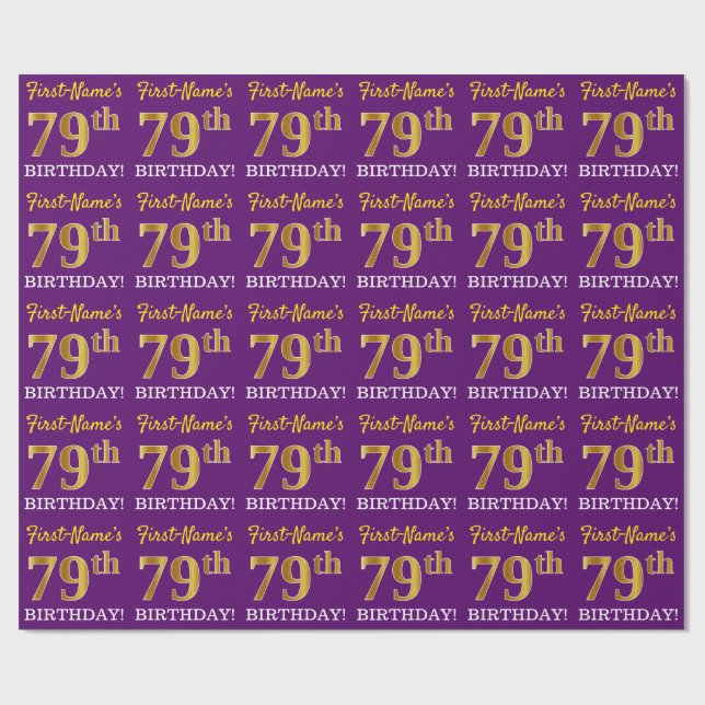 Purple, Imitation Gold Look "79th BIRTHDAY" Wrapping Paper (Flat)
