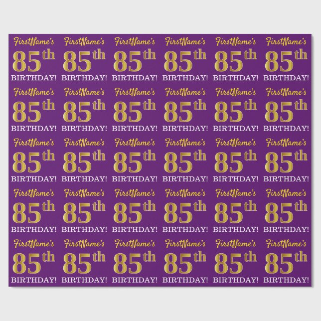Purple, Imitation Gold Look "85th BIRTHDAY" Wrapping Paper (Flat)