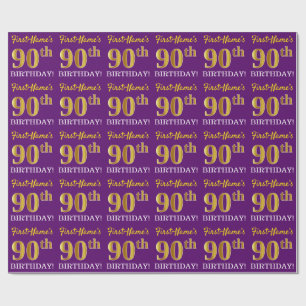 Purple, Imitation Gold Look "90th BIRTHDAY" Wrapping Paper