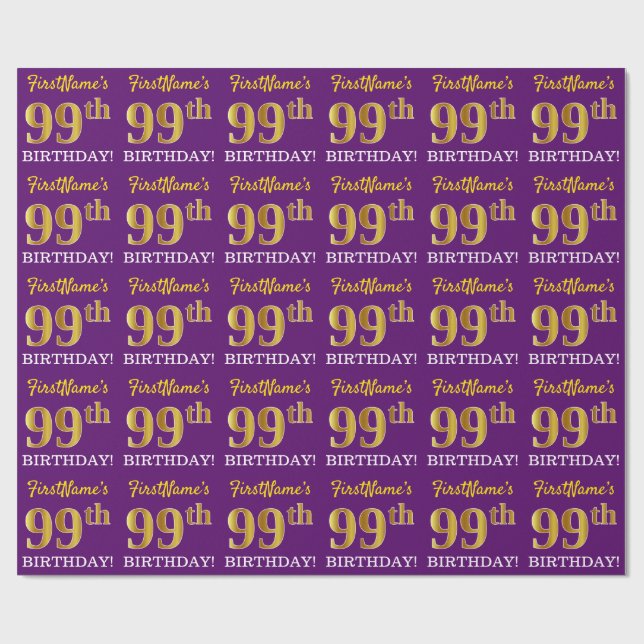 Purple, Imitation Gold Look "99th BIRTHDAY" Wrapping Paper (Flat)